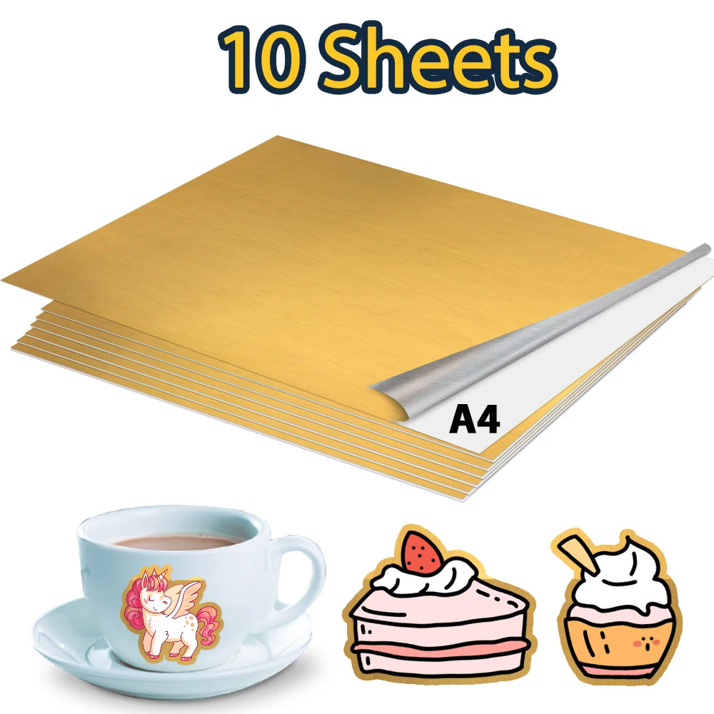 10Sheets Gold Vinyl Sticker Paper A4 Transparent Matte White Printable Vinyl Sticker Self Adhesive Copy Paper for Inkjet Printer