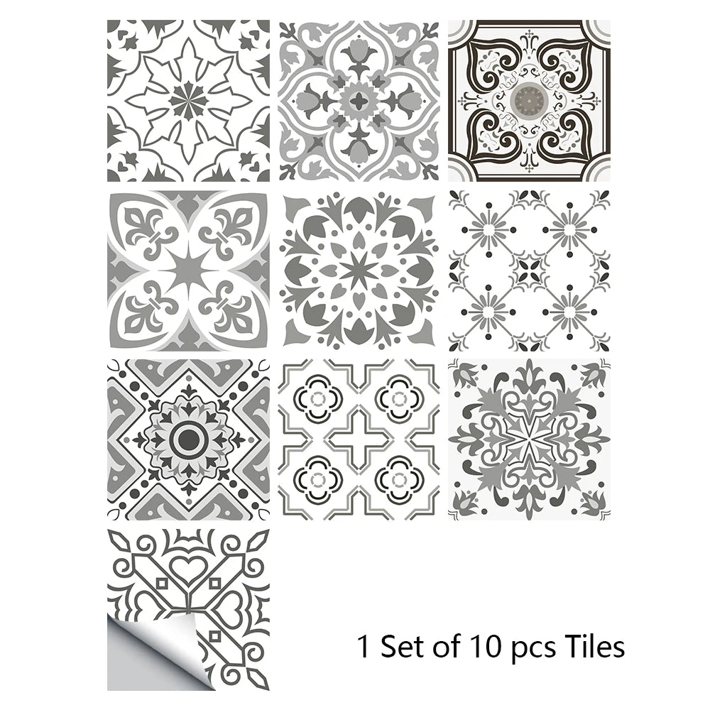 10pcs Retro Pattern Matte Surface Tiles Sticker Transfers Covers for Kitchen Bathroom Tables Floor Hard-wearing Art Wall Decals