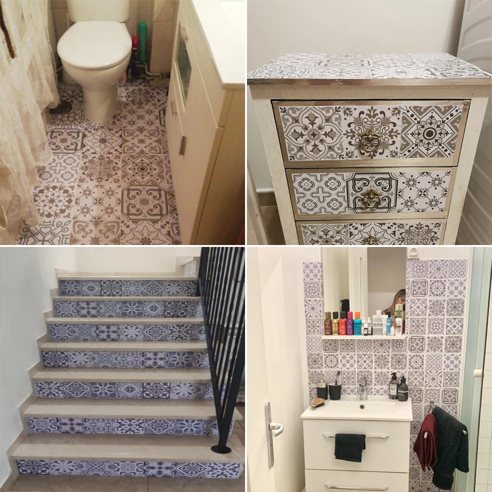 10pcs Retro Pattern Matte Surface Tiles Sticker Transfers Covers for Kitchen Bathroom Tables Floor Hard-wearing Art Wall Decals