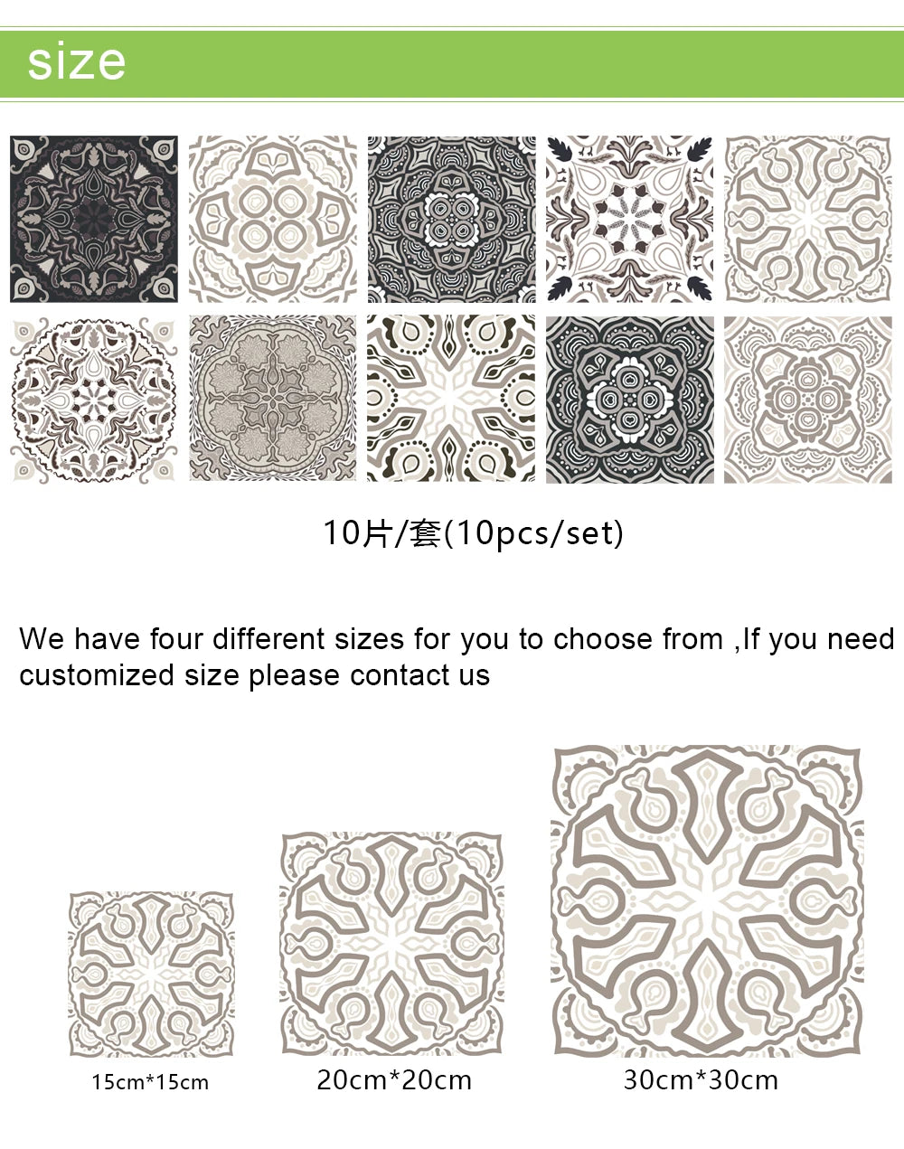 10pcs Retro Pattern Matte Surface Tiles Sticker Transfers Covers for Kitchen Bathroom Tables Floor Hard-wearing Art Wall Decals