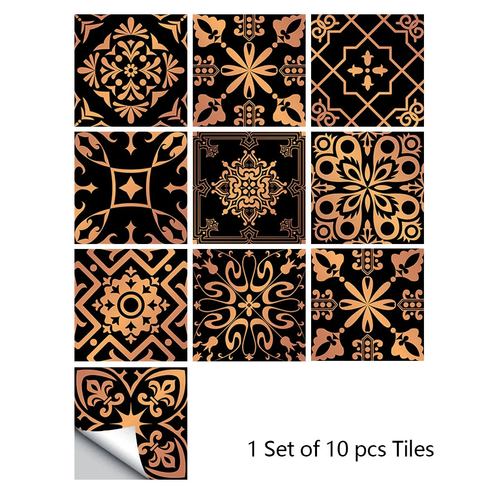 10pcs Retro Pattern Matte Surface Tiles Sticker Transfers Covers for Kitchen Bathroom Tables Floor Hard-wearing Art Wall Decals