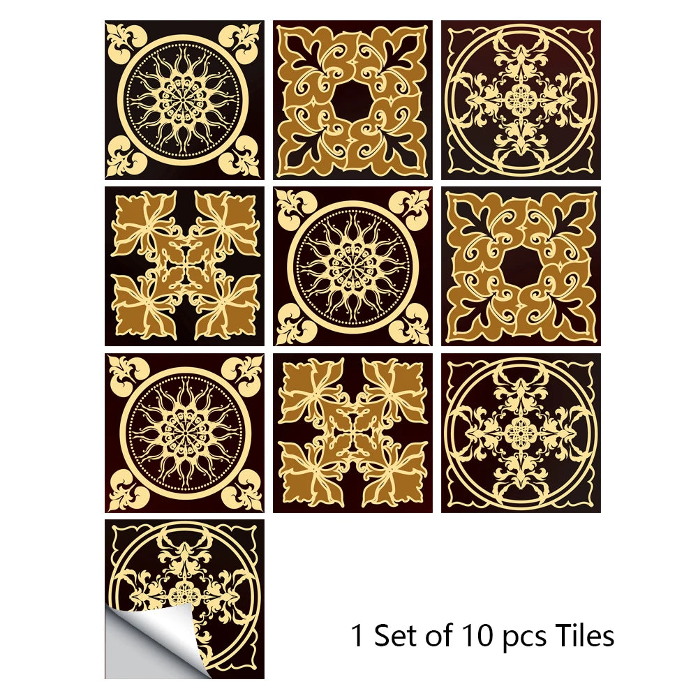 10pcs Retro Pattern Matte Surface Tiles Sticker Transfers Covers for Kitchen Bathroom Tables Floor Hard-wearing Art Wall Decals