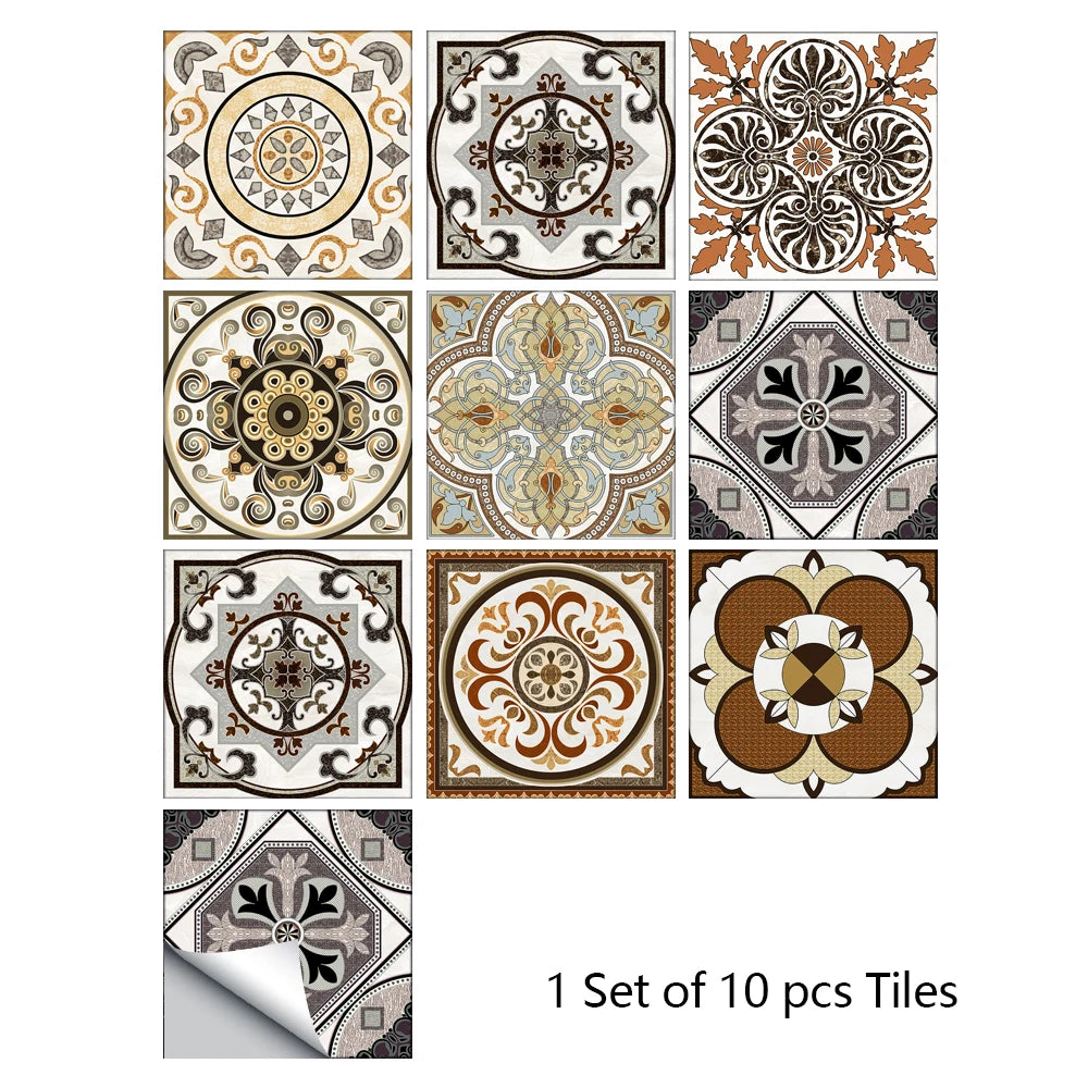 10pcs Retro Pattern Matte Surface Tiles Sticker Transfers Covers for Kitchen Bathroom Tables Floor Hard-wearing Art Wall Decals