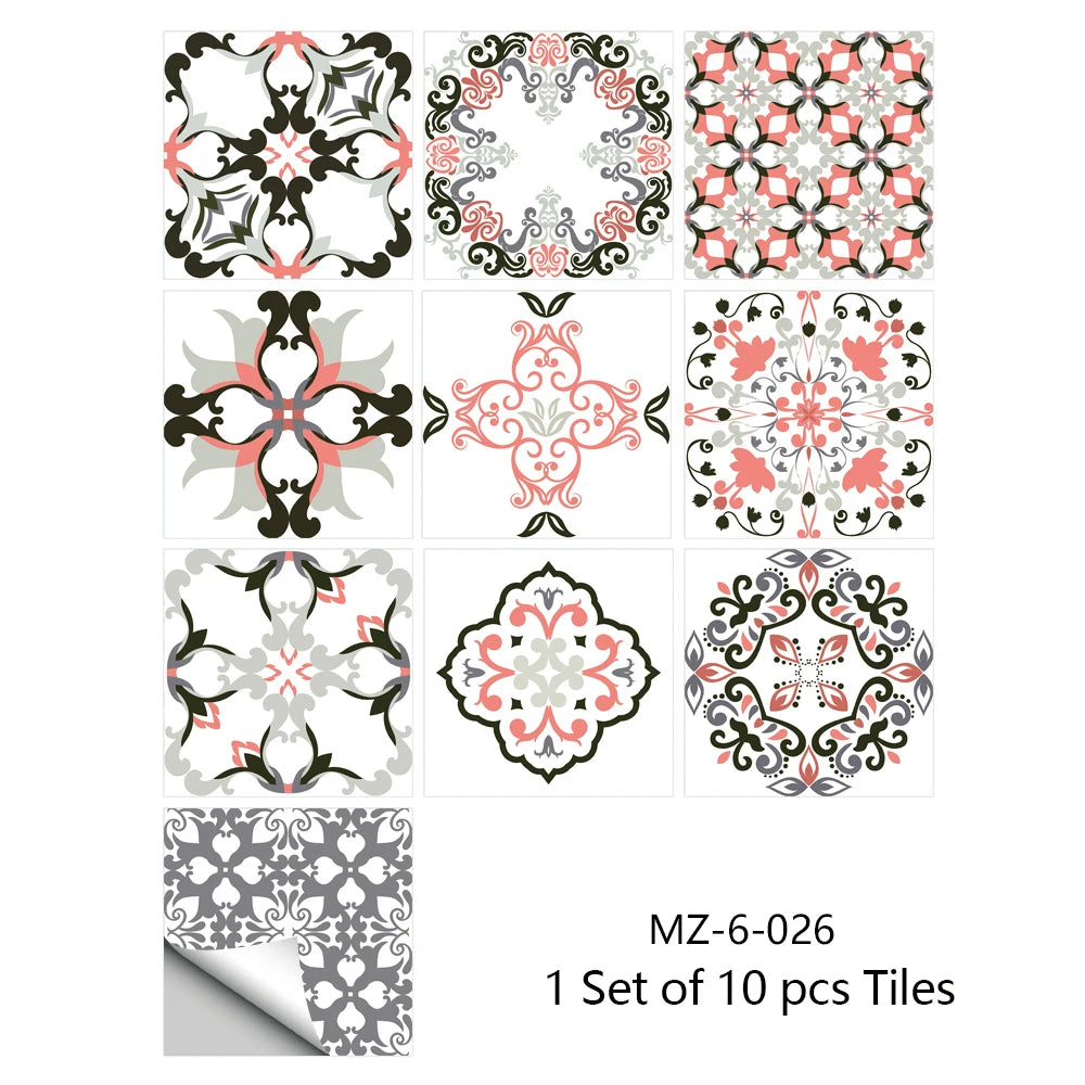 10pcs Retro Pattern Matte Surface Tiles Sticker Transfers Covers for Kitchen Bathroom Tables Floor Hard-wearing Art Wall Decals