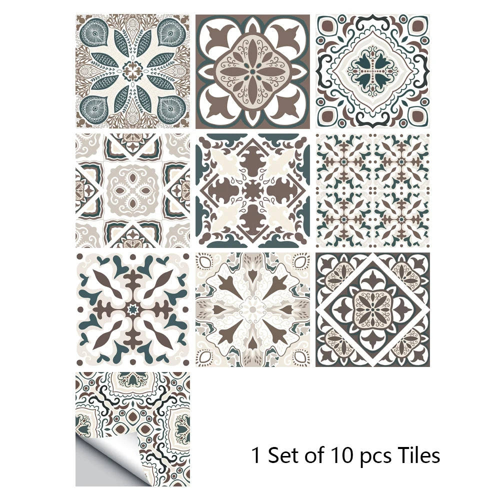 10pcs Retro Pattern Matte Surface Tiles Sticker Transfers Covers for Kitchen Bathroom Tables Floor Hard-wearing Art Wall Decals