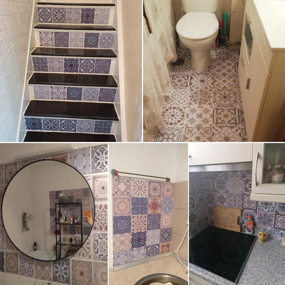 10pcs Retro Pattern Matte Surface Tiles Sticker Transfers Covers for Kitchen Bathroom Tables Floor Hard-wearing Art Wall Decals