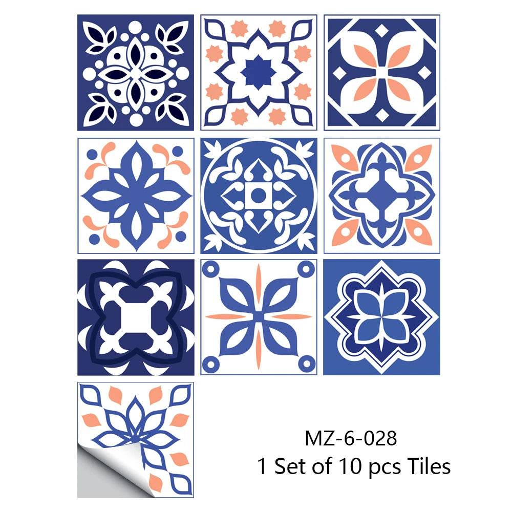10pcs Retro Pattern Matte Surface Tiles Sticker Transfers Covers for Kitchen Bathroom Tables Floor Hard-wearing Art Wall Decals