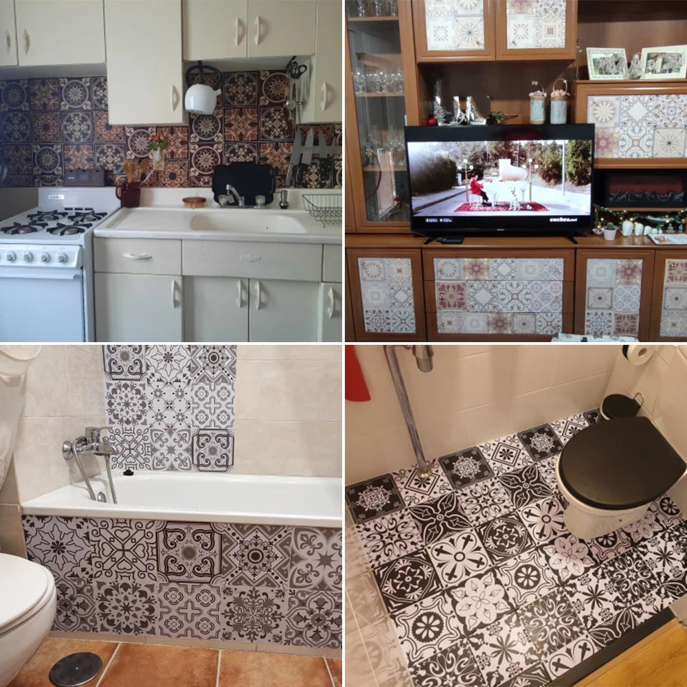 10pcs Retro Pattern Matte Surface Tiles Sticker Transfers Covers for Kitchen Bathroom Tables Floor Hard-wearing Art Wall Decals