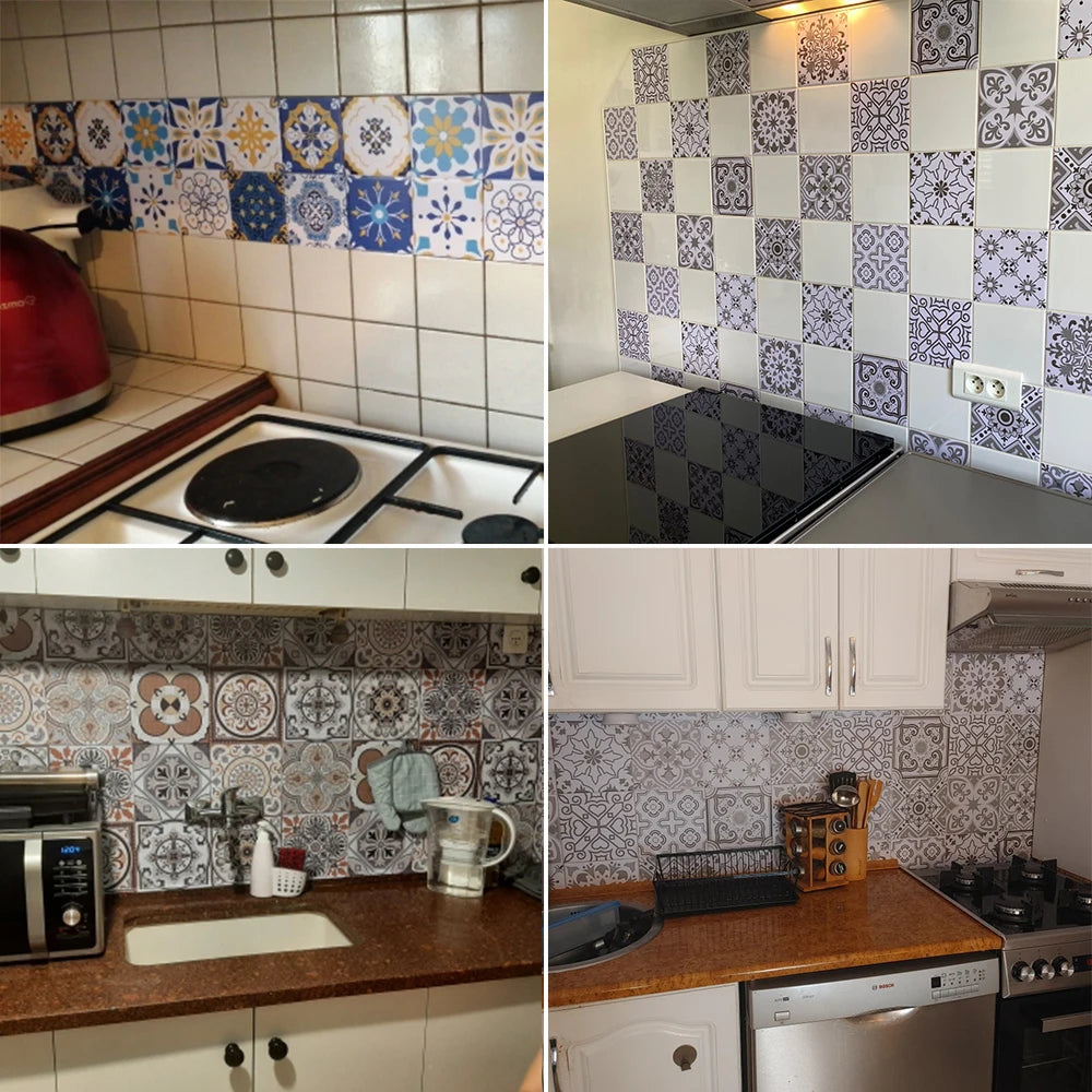 10pcs Retro Pattern Matte Surface Tiles Sticker Transfers Covers for Kitchen Bathroom Tables Floor Hard-wearing Art Wall Decals