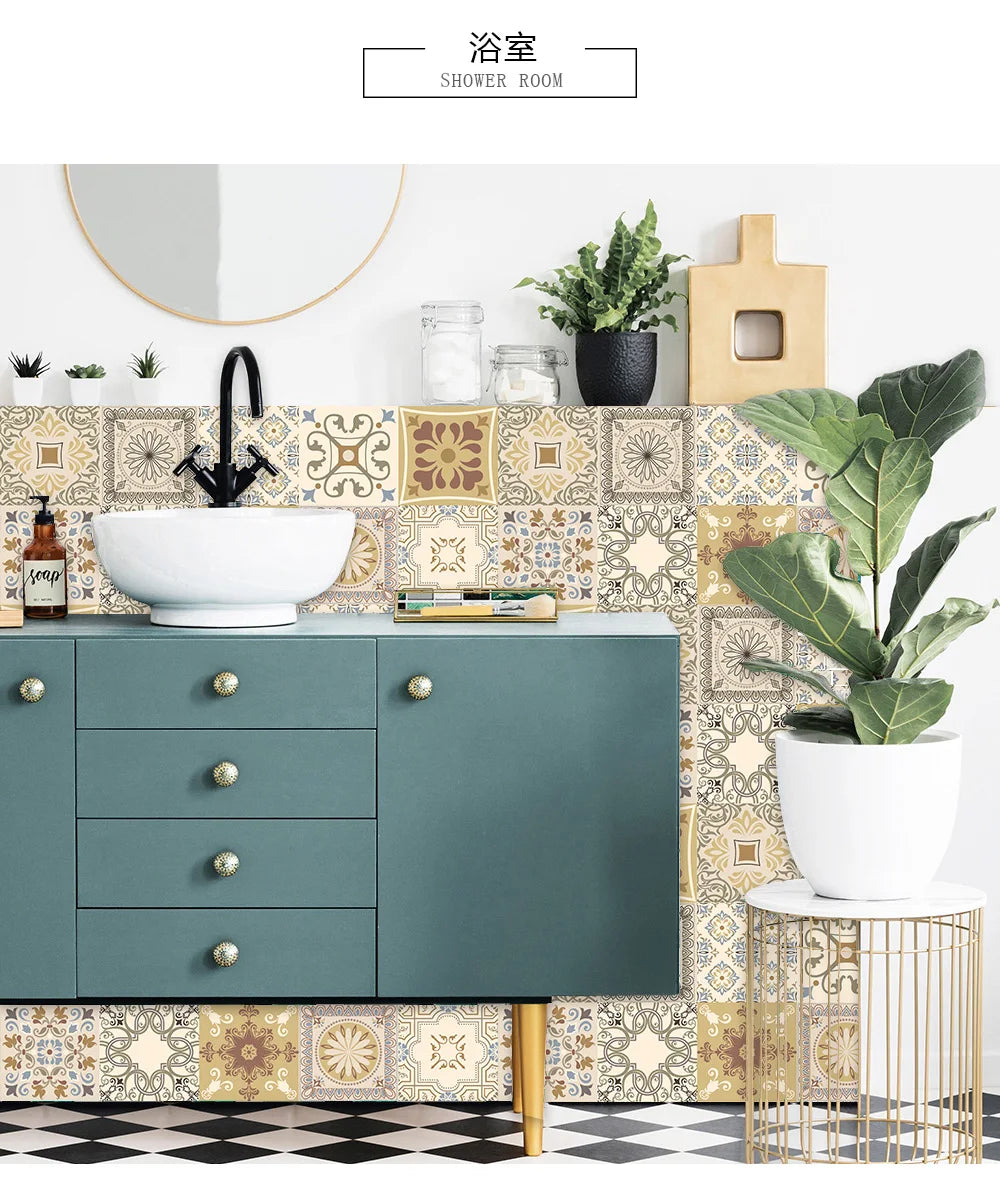 10pcs Retro Pattern Matte Surface Tiles Sticker Transfers Covers for Kitchen Bathroom Tables Floor Hard-wearing Art Wall Decals