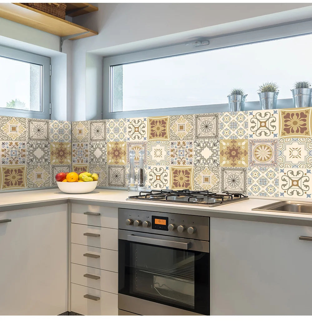 10pcs Retro Pattern Matte Surface Tiles Sticker Transfers Covers for Kitchen Bathroom Tables Floor Hard-wearing Art Wall Decals