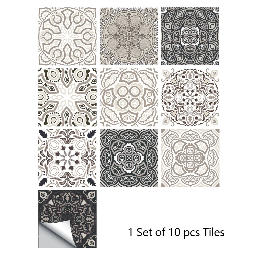 10pcs Retro Pattern Matte Surface Tiles Sticker Transfers Covers for Kitchen Bathroom Tables Floor Hard-wearing Art Wall Decals