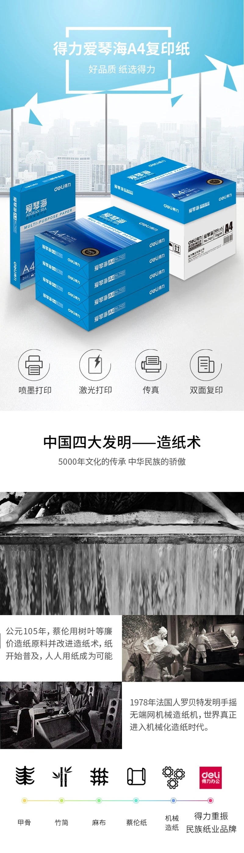 1 Pack 500 sheets 7421 Deli A4 Multi-purpose paper Copy paper printing paper 70g wholsale Aegean Sea series