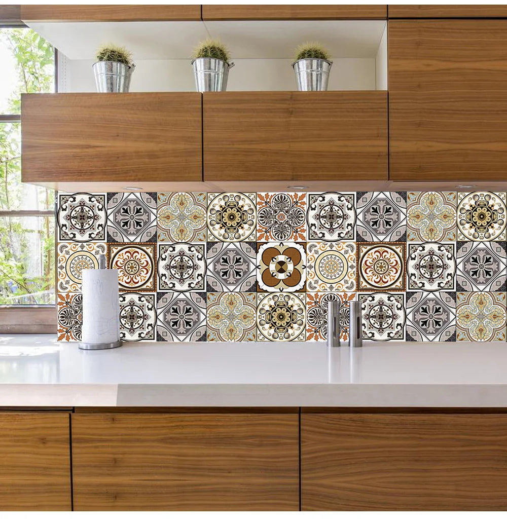 10pcs Retro Pattern Matte Surface Tiles Sticker Transfers Covers for Kitchen Bathroom Tables Floor Hard-wearing Art Wall Decals