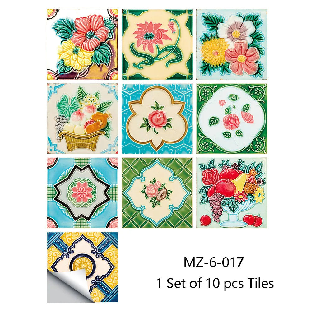 10pcs Retro Pattern Matte Surface Tiles Sticker Transfers Covers for Kitchen Bathroom Tables Floor Hard-wearing Art Wall Decals