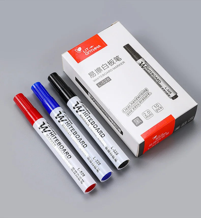 10pcs Whiteboard Marker Set,2.0mm Nib,Black Blue Red High-Volume Ink,Office Teaching Pen,Clear Handwriting & Easy Erasure L-528