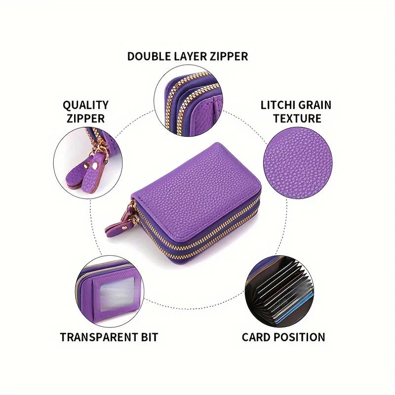 Women's Leather Credit Card Holder Double Zipper with ID Window and Coin Purse - Securely Store and Organize Your Cards with Lar
