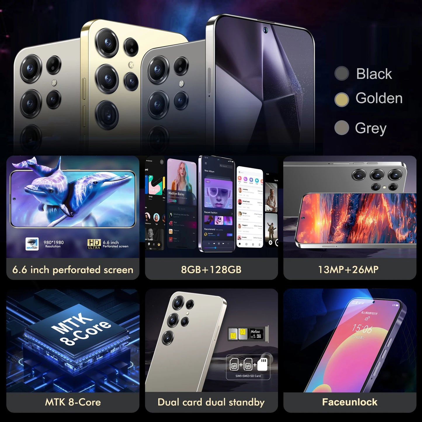 X18 Smartphone Android 6.6 inch 128GB ROM 8GB RAM 4G Network Dual SIM Cellphones Google Play Store 5200mah Mobile phones