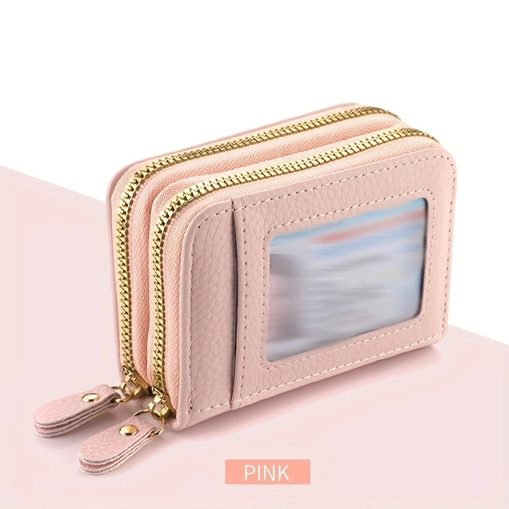 Women's Leather Credit Card Holder Double Zipper with ID Window and Coin Purse - Securely Store and Organize Your Cards with Lar