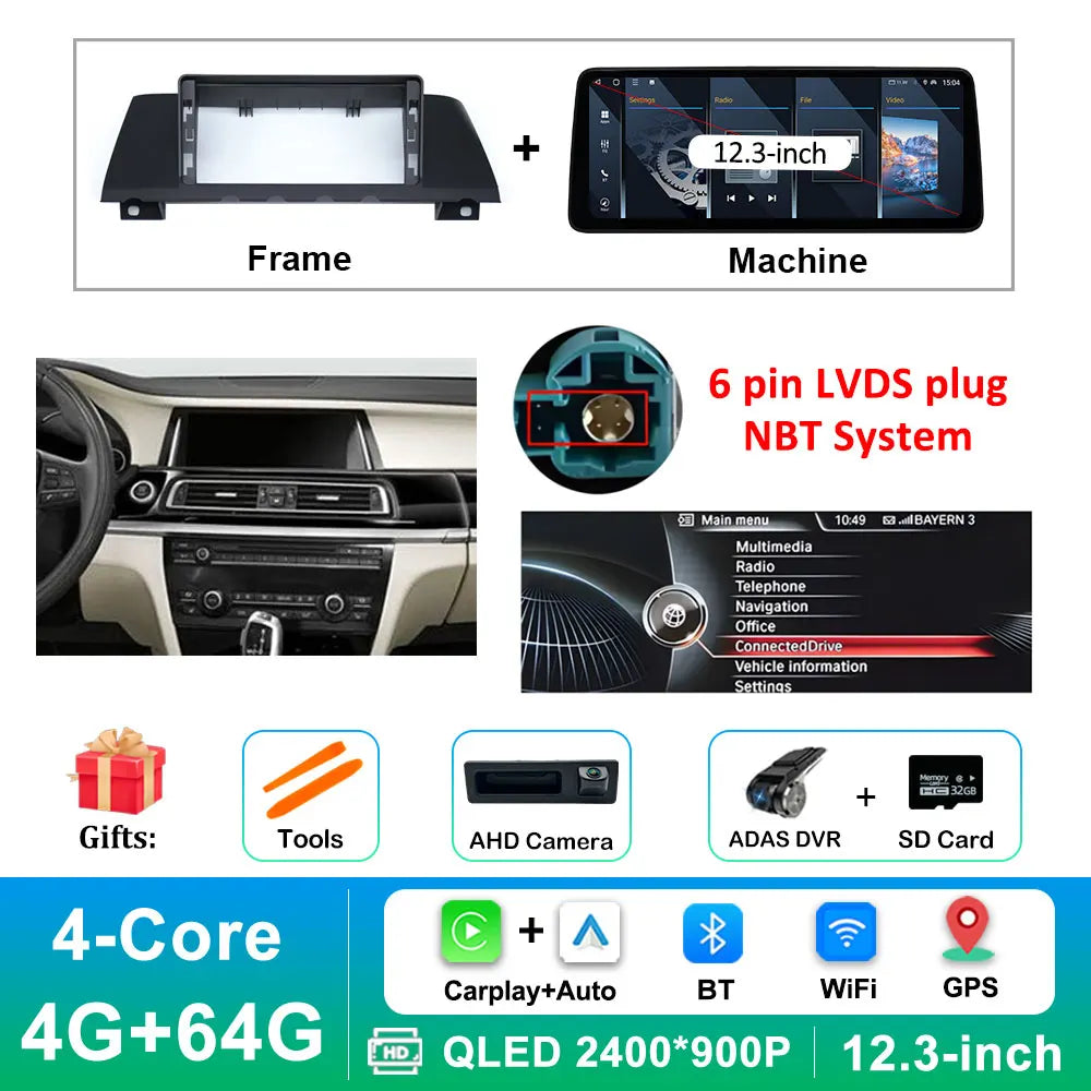 12.3 inch Android 14 GPS DSP BT Carplay Car Radio Multimedia Player for BMW 7 Series 2010 - 2015 CIC NBT System Auto Accessories
