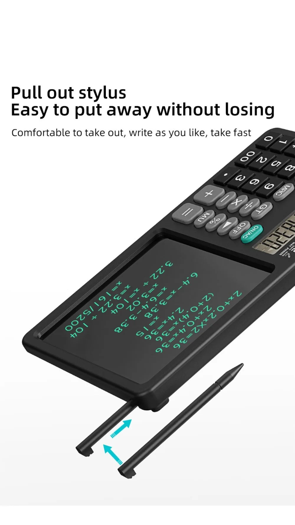 12 Digits 2in1 Calculator Solar Power with Writing Pad Standard Function Calculator 6 inch Dual Stylus Pen Drawing Pad