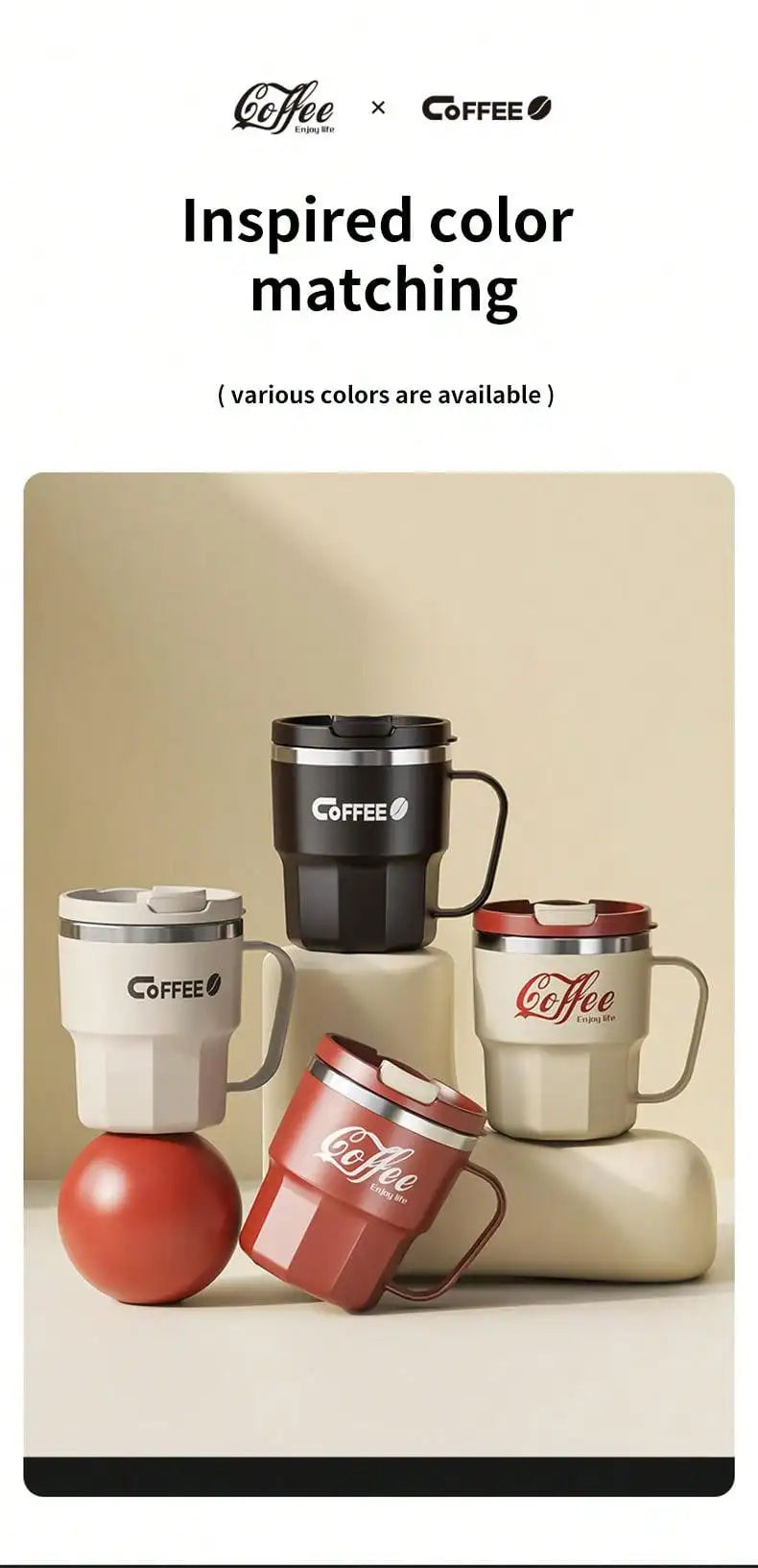 WORTHBUY 400/480ML 304 Stainless Steel Coffee Cup With Lid&Handle Double Layer Coffee Mug Drinkware Reusable Insulated Water Cup