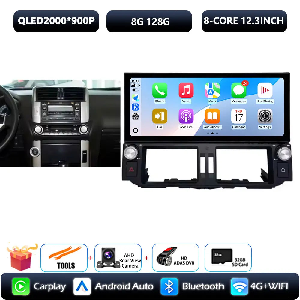12.3 inch Ultra-thin Screen DSP Android 14 For Toyota Land Cruiser Prado 150 2010 - 2013 GPS Radio Multimedia Player 4G Navi Car