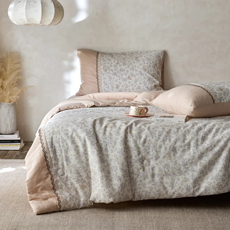 100% Pima Cotton Retro French Toile Shabby Flowers Applique Comforter Without Pillow Cases