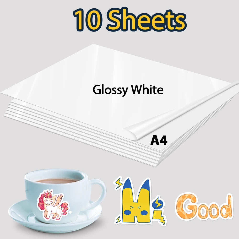 10Sheets Gold Vinyl Sticker Paper A4 Transparent Matte White Printable Vinyl Sticker Self Adhesive Copy Paper for Inkjet Printer