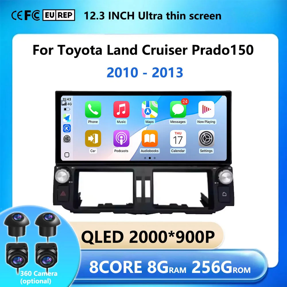 12.3 inch Ultra-thin Screen DSP Android 14 For Toyota Land Cruiser Prado 150 2010 - 2013 GPS Radio Multimedia Player 4G Navi Car