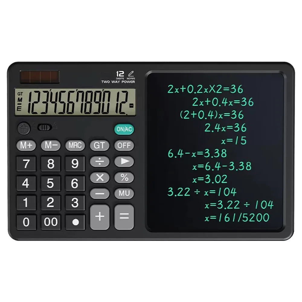 12 Digits 2in1 Calculator Solar Power with Writing Pad Standard Function Calculator 6 inch Dual Stylus Pen Drawing Pad