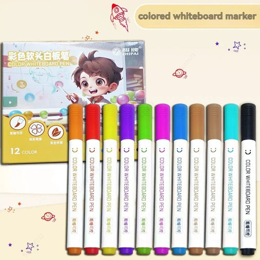 12 Colors Brush Tip Erasable Whiteboard Pen set Blackboard Marker School Office Art Writing Stationery White Board Marker Pen