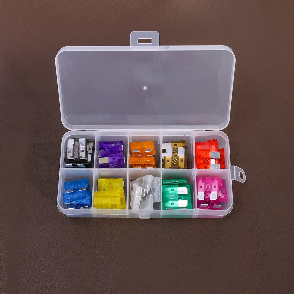 100/50pcs Medium Car Fuse Blade 2-35A Middle Size Fuse Insert Set with Box Fuse Blow Detection Tool Auto Circuit Repair Tools