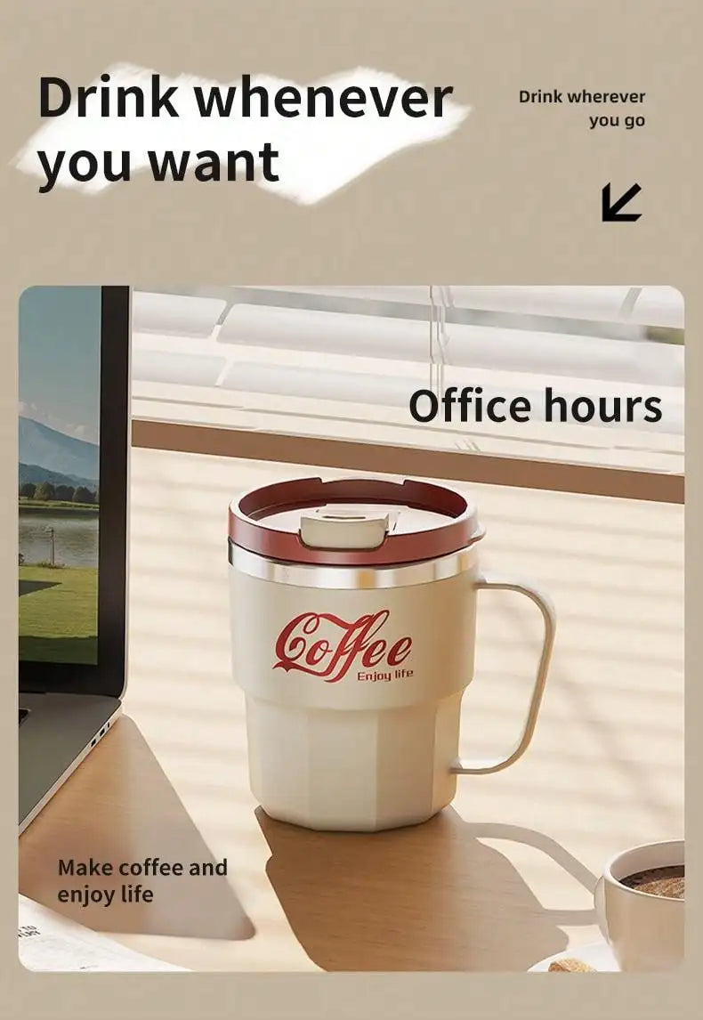 WORTHBUY 400/480ML 304 Stainless Steel Coffee Cup With Lid&Handle Double Layer Coffee Mug Drinkware Reusable Insulated Water Cup