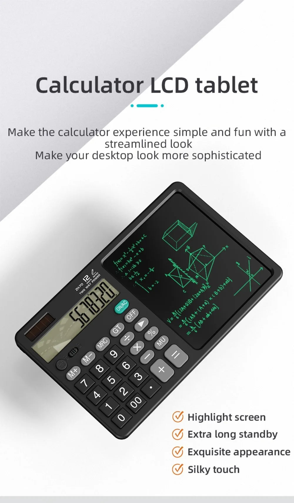 12 Digits 2in1 Calculator Solar Power with Writing Pad Standard Function Calculator 6 inch Dual Stylus Pen Drawing Pad