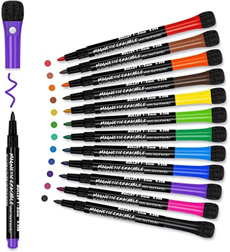 12Colors School Classroom Whiteboard Pen Dry White Board Markers Built In Eraser Student Children's Drawing Pen Stationery