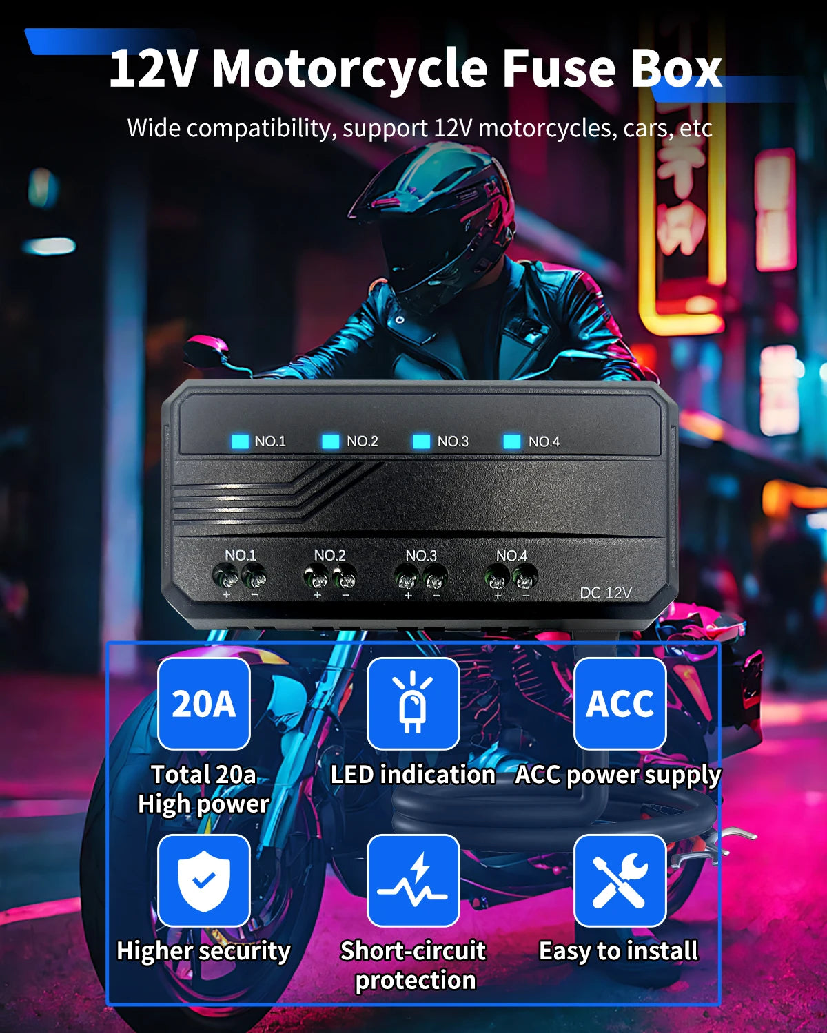 12V Universal Automotive Fuse Block Holder 4 Circuits Protection 20A Moto Fuse Block LED Indicator Motorcycle Car Accessories