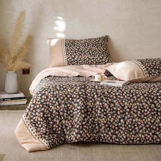 100% Pima Cotton Retro French Toile Shabby Flowers Applique Comforter Without Pillow Cases