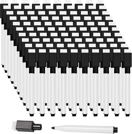 100Pcs Whiteboard Marker Pens Fine Point Tip with Eraser Cap Mini Bulk Black Dry Erase Markers for Teachers School