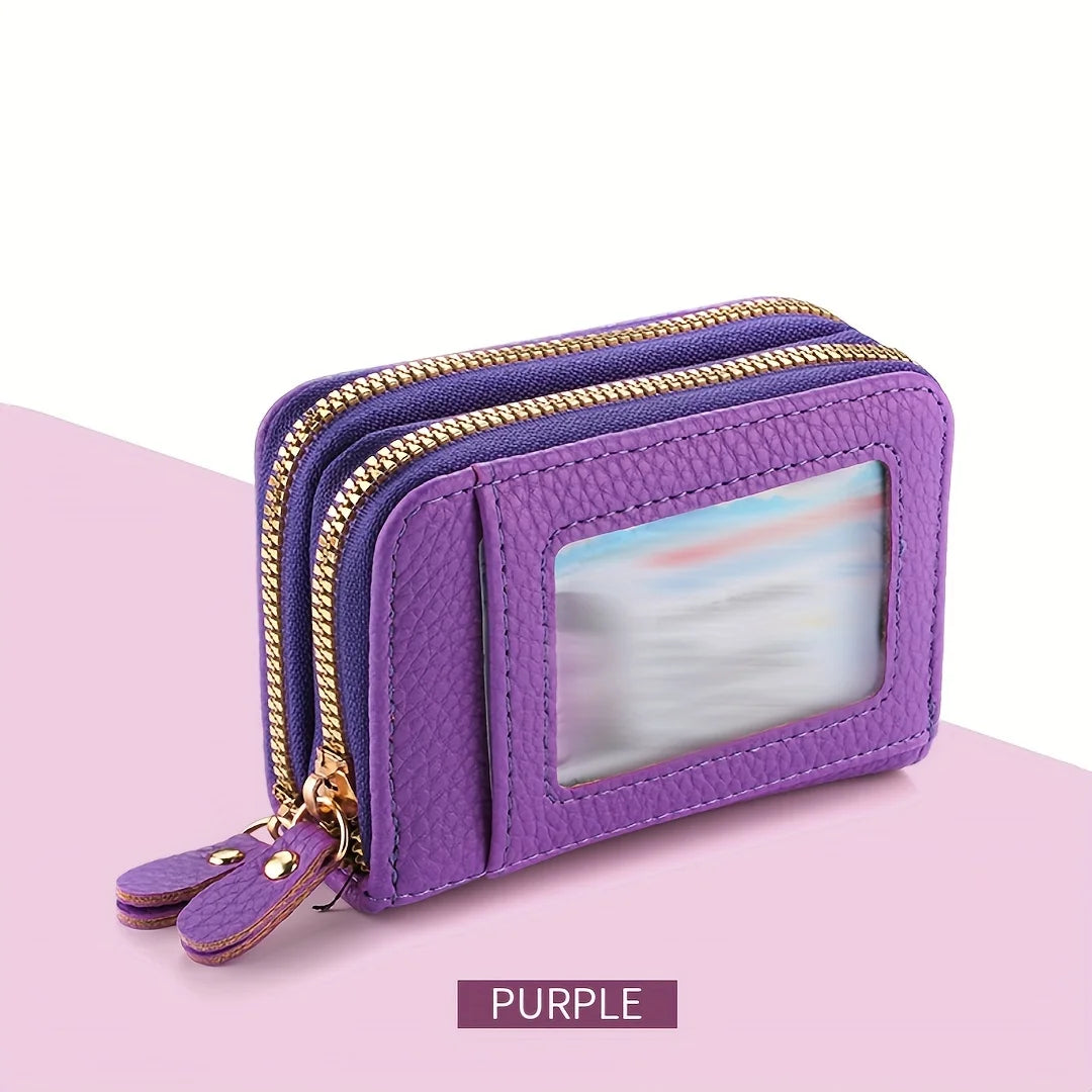 Women's Leather Credit Card Holder Double Zipper with ID Window and Coin Purse - Securely Store and Organize Your Cards with Lar