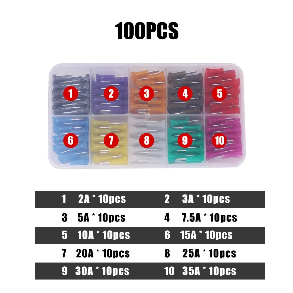 100/50pcs Medium Car Fuse Blade 2-35A Middle Size Fuse Insert Set with Box Fuse Blow Detection Tool Auto Circuit Repair Tools