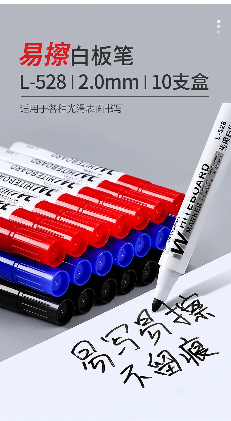 10pcs Whiteboard Marker Set,2.0mm Nib,Black Blue Red High-Volume Ink,Office Teaching Pen,Clear Handwriting & Easy Erasure L-528