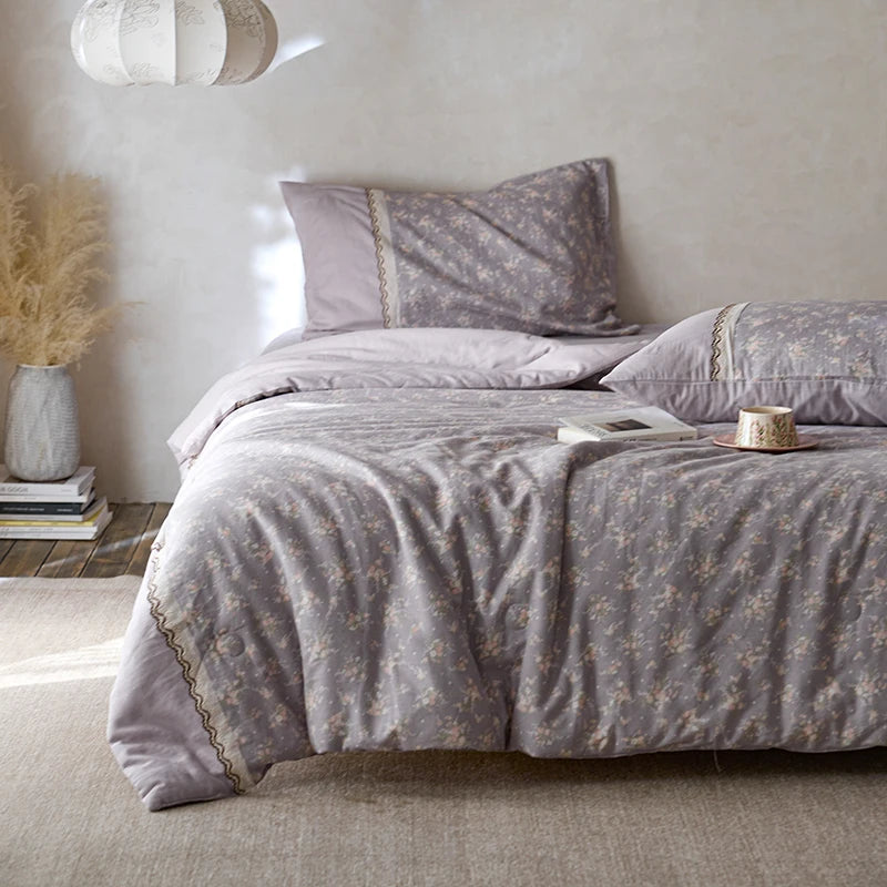 100% Pima Cotton Retro French Toile Shabby Flowers Applique Comforter Without Pillow Cases