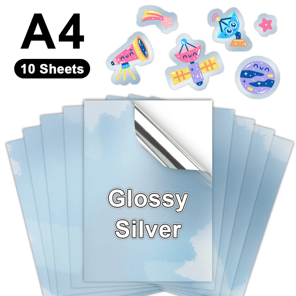 10 Sheets Printable Vinyl Sticker Paper A4 Transparent White Gold Self Adhesive Copy Paper for Inkjet Printer DIY Label Sticker