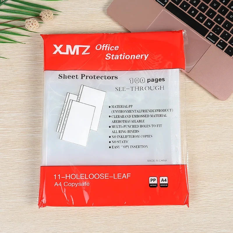 100pcs 11 Holes Thickening Transparent Plastic Punched File Folders A4 Document Sleeves Protector Office Supplies