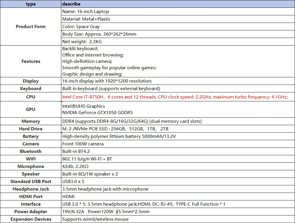 16.1" intel core i7-8750H gtx1050 gaming laptops portable notebook computer pc 32GB DDR4 1TB windows 11 Backlit Keyboard special