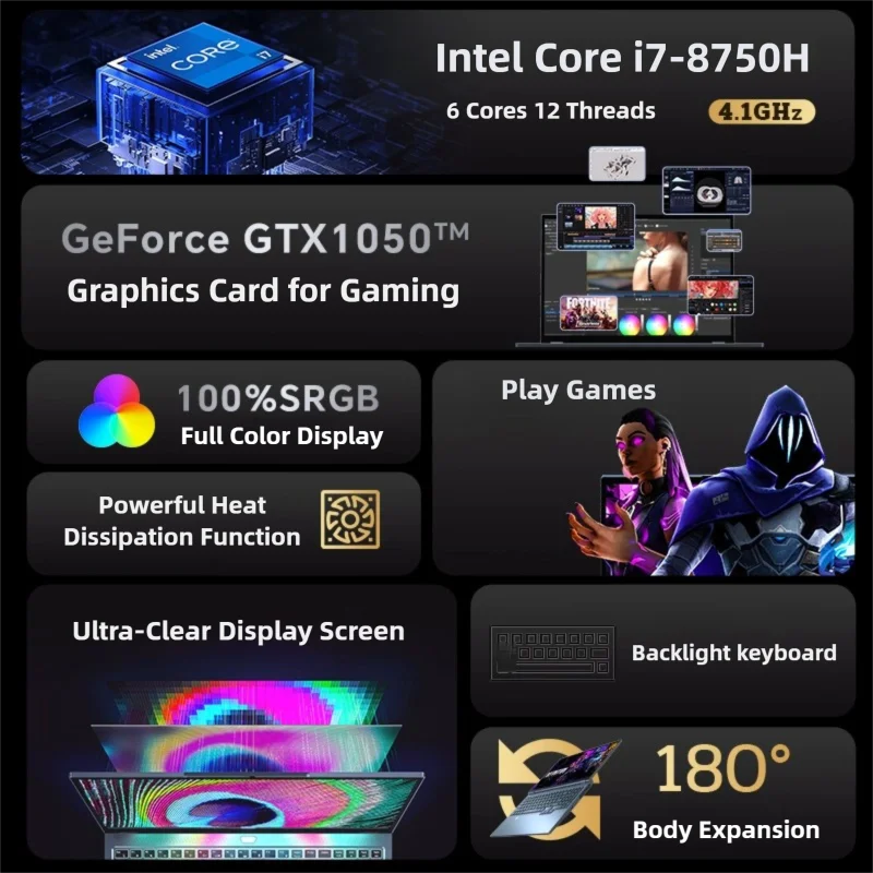 16.1" intel core i7-8750H gtx1050 gaming laptops portable notebook computer pc 32GB DDR4 1TB windows 11 Backlit Keyboard special