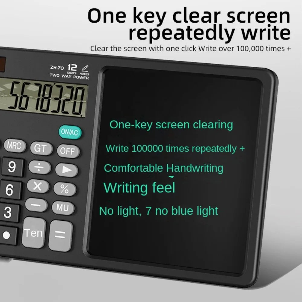 12 Digits 2in1 Calculator Solar Power with Writing Pad Standard Function Calculator 6 inch Dual Stylus Pen Drawing Pad
