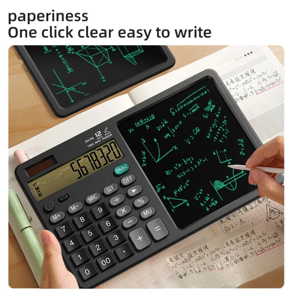 12 Digits 2in1 Calculator Solar Power with Writing Pad Standard Function Calculator 6 inch Dual Stylus Pen Drawing Pad
