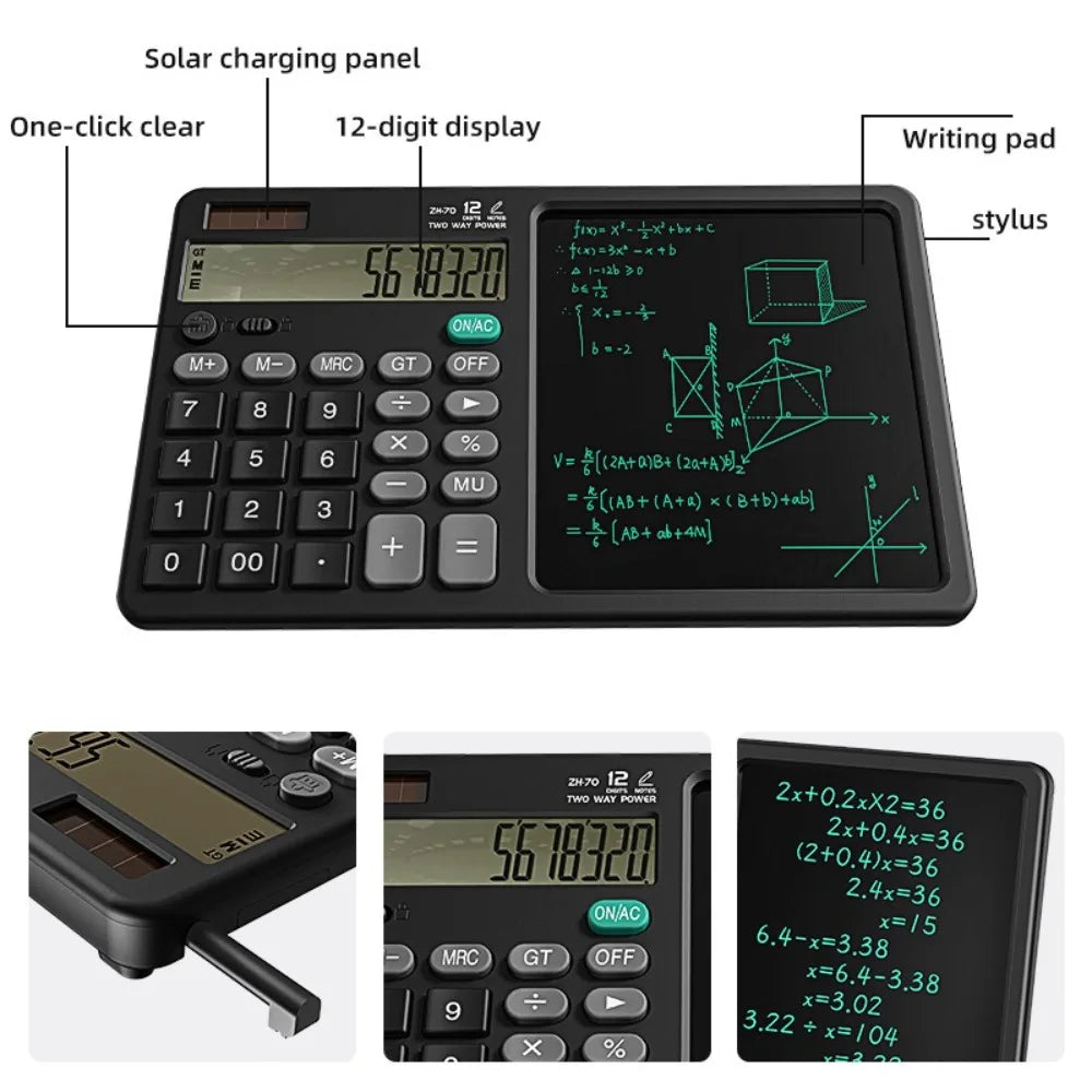 12 Digits 2in1 Calculator Solar Power with Writing Pad Standard Function Calculator 6 inch Dual Stylus Pen Drawing Pad
